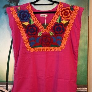 Mexican-Inspired Vibrant Pink Embroidered Women's Blouse